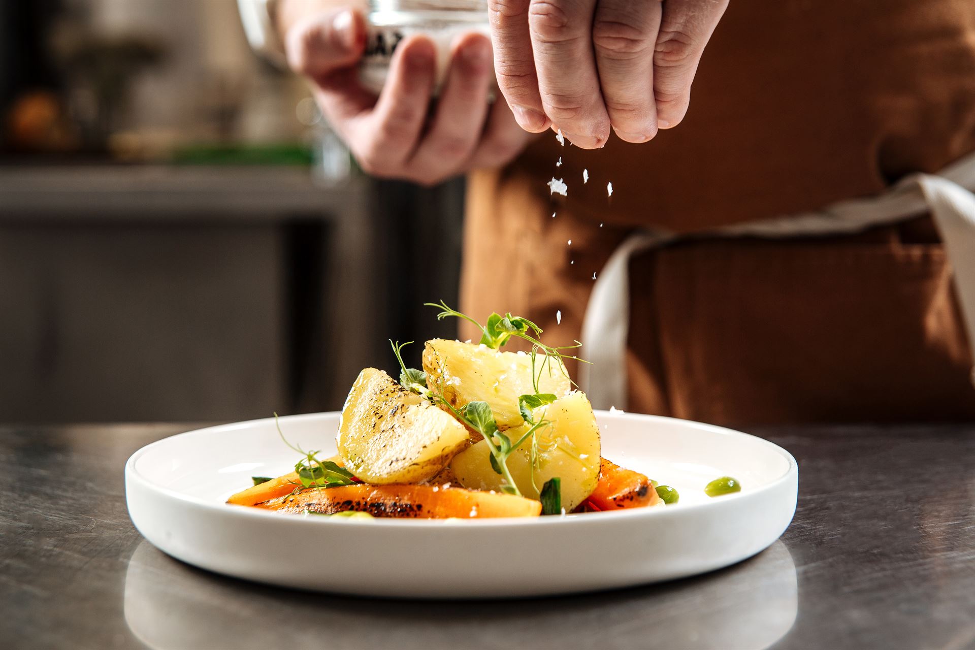 Chef’s hand sprinkles cooked gourmet dish with salt